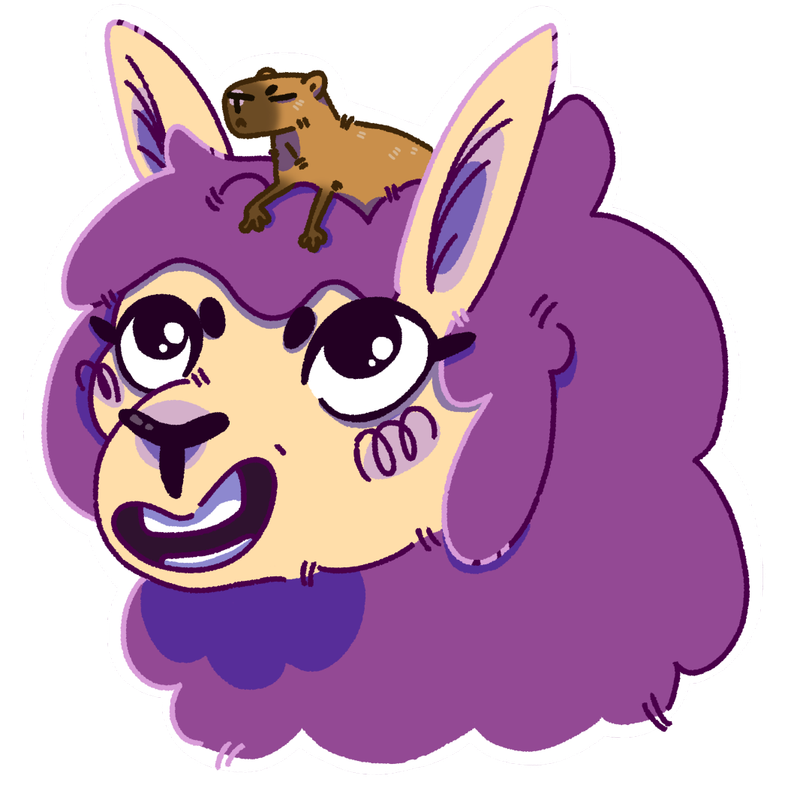 La tête de Barbouille, le lama à la laine violette. Il sourit et regarde vers le haut car un capybara se tient sur sa tête entre ses oreilles.