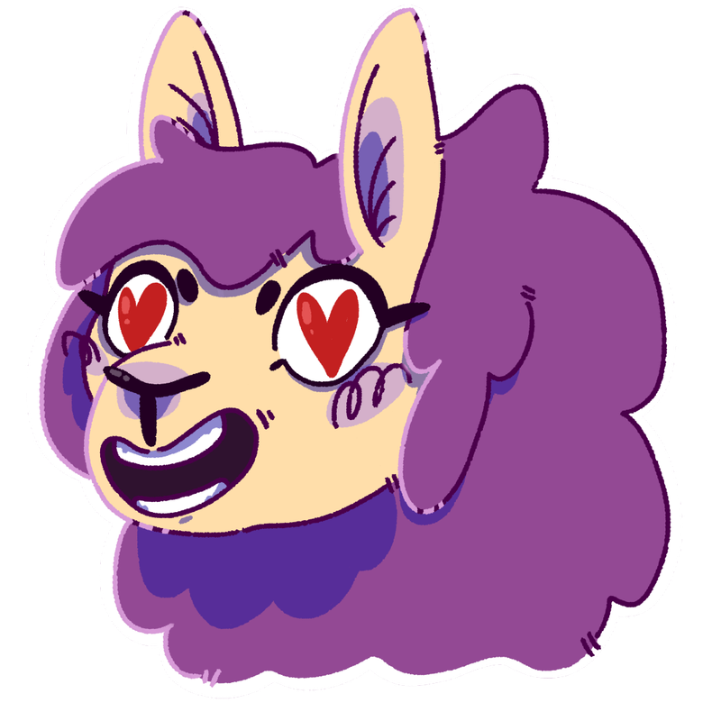 La tête de Barbouille, le lama violet. Il a des cœurs à la place des yeux.