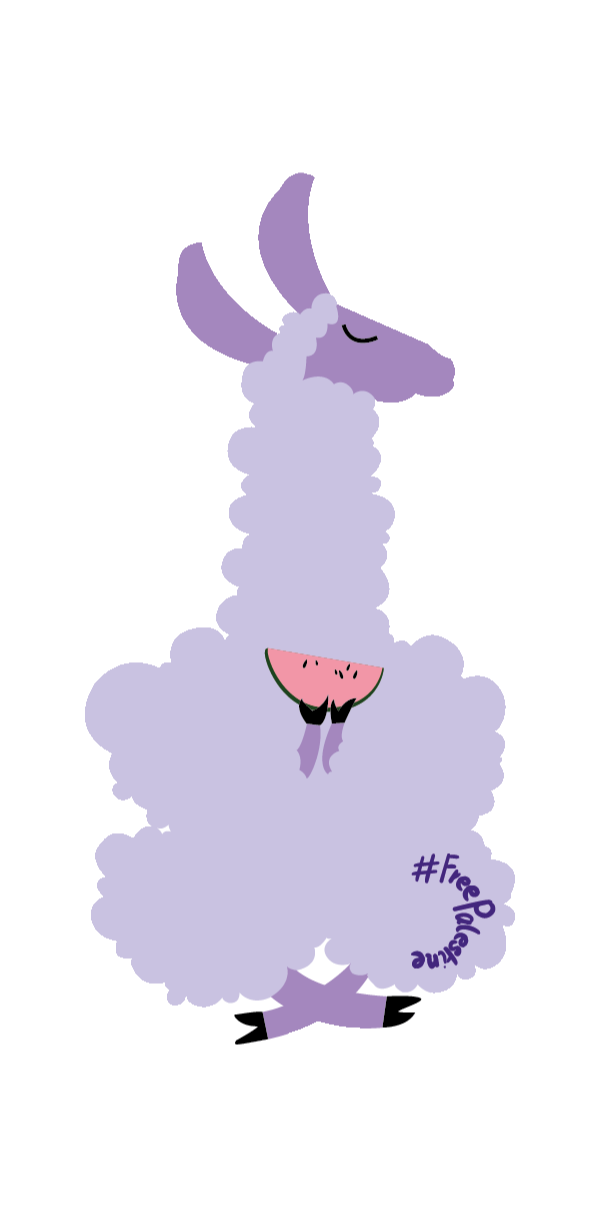 une lama violet pâle assis en tailleur et tenant dans ses pattes avant une tranche de pastèque