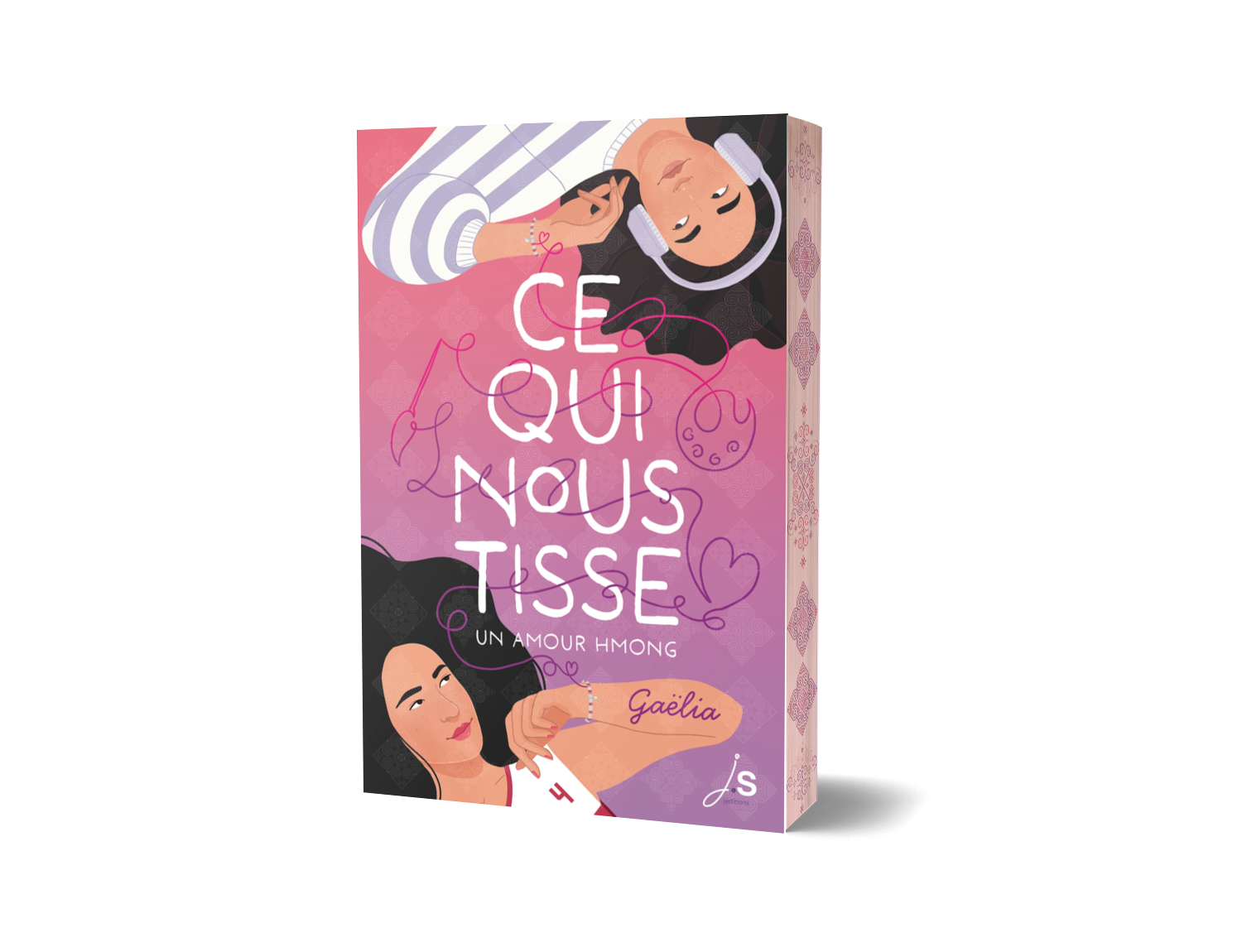 Couverture du livre dans des tons roses. 2 jeunes filles allongées sur le dos se regardent un fil rouge les relie.