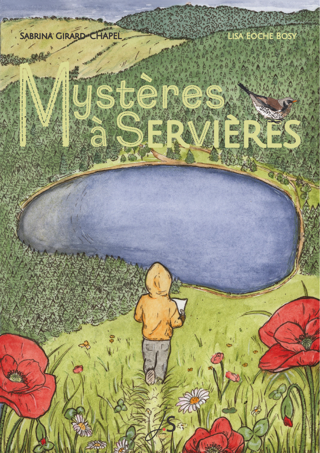couverture est une aquarelle du lac de Servières avec un personnage de dos qui se dirige vers lui au 1er plan des coquelicots