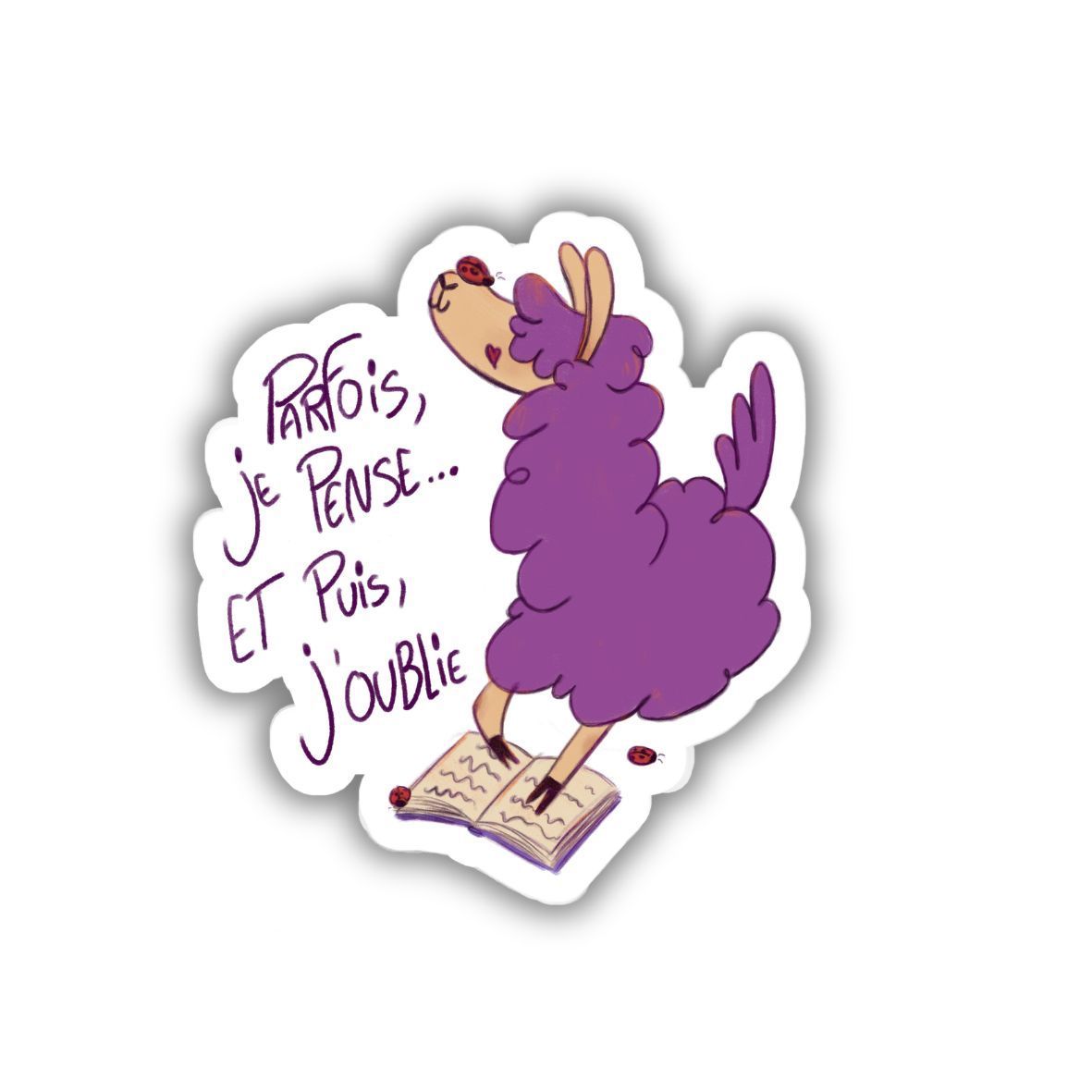 un lama devant un carnet avec des coccinelles parfois je pense… et puis, j'oublie