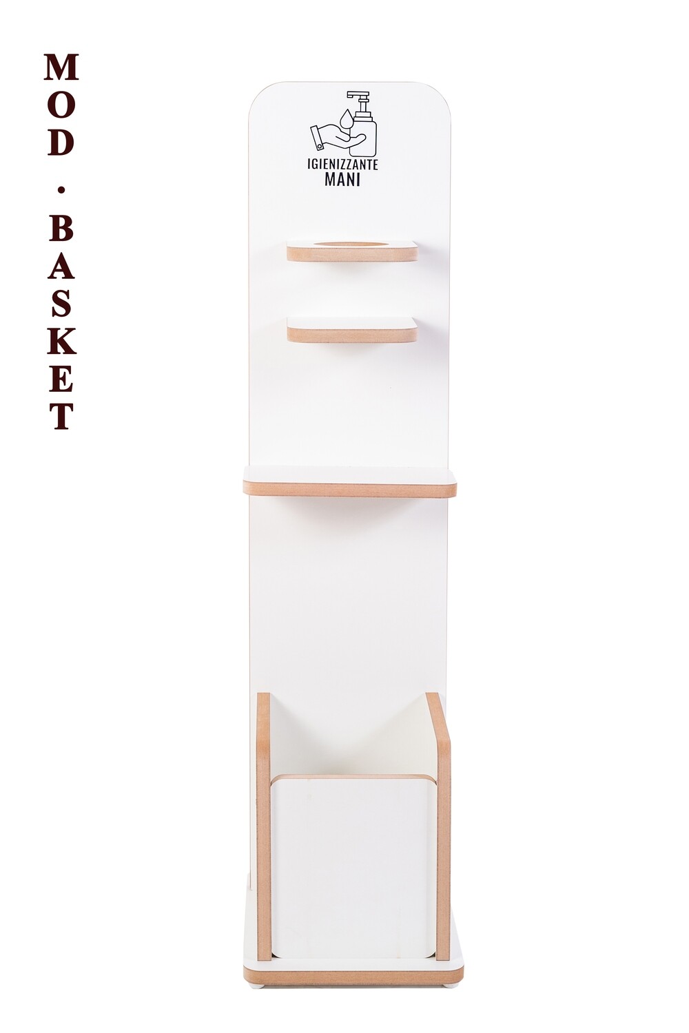 Mod. Basket - Porta dispenser legno colonnina arredo bianco 120x30x2 - base 30x42 - cestello 26x25