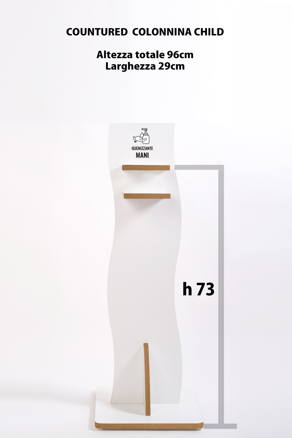 Mod. Contured CHILD - Porta dispenser legno colonnina arredo bianco 96x29x2 - base 30x42 - Altezza dispenser 73cm