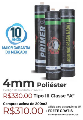 Manta Asfáltica Poliéster 4mm Tipo III Classe “A” (10m2) PTA4000 Manta Asfáltica Poliéster 4mm Tipo III Classe “A” (10m2) PTA4000