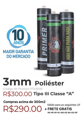 Manta Asfáltica Poliéster 3mm Tipo III Classe “A” (10m2) PTA3000 Manta Asfáltica Poliéster 3mm Tipo III Classe “A” (10m2) PTA3000