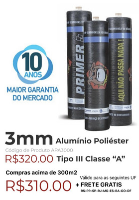 Manta Asfáltica Alu/Poliéster 3mm Tipo III Classe “A” (10m2) APA3000 Manta Asfáltica Alu/Poliéster 3mm Tipo III Classe “A” (10m2) APA3000