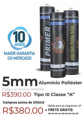 Manta Asfáltica Alu/Poliéster 5mm Tipo III Classe “A” (10m2) APA5000 Manta Asfáltica Alu/Poliéster 5mm Tipo III Classe “A” (10m2) APA5000