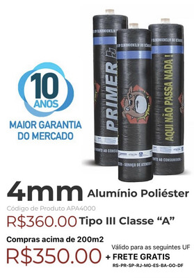 Manta Asfáltica Alu/Poliéster 4mm Tipo III Classe “A” (10m2) APA4000 Manta Asfáltica Alu/Poliéster 4mm Tipo III Classe “A” (10m2) APA4000