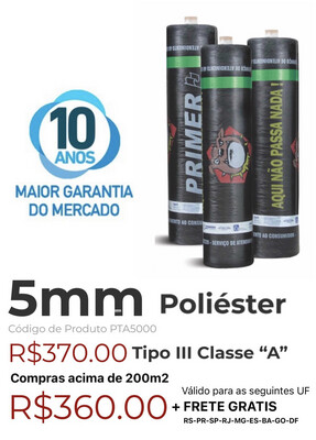 Manta Asfáltica Poliéster 5mm Tipo III Classe “A” (10m2) PTA5000 Manta Asfáltica Poliéster 5mm Tipo III Classe “A” (10m2) PTA5000