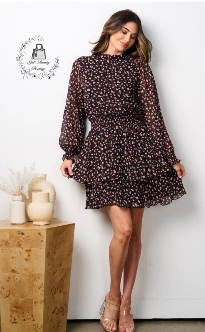 WOMEN&#39;S LONG SLEEVE MOCK NECK SMOCK WAIST FLORAL MINI DRESS