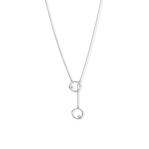 16&quot; + 2&quot; Rhodium Plated Open Circle and Pearl Drop Necklace