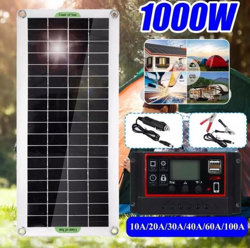 1000W Solar Panel 12V Solar Cell 60A Controller Solar Panel for Phone RV Car MP3 PAD Charger Outdoor Battery Supply