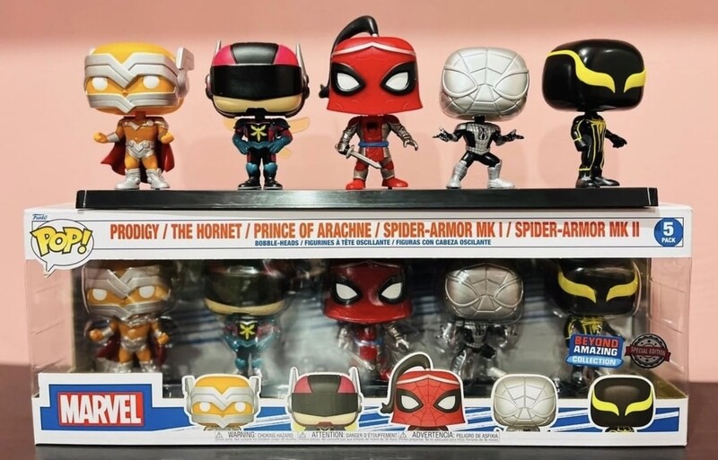 Funko Pop 5 Pack. Prodigy/The Hornet/Prince Of Arachne/Spider-Armor MK I/ Spider-Armor MK II Exclusivo de Amazon