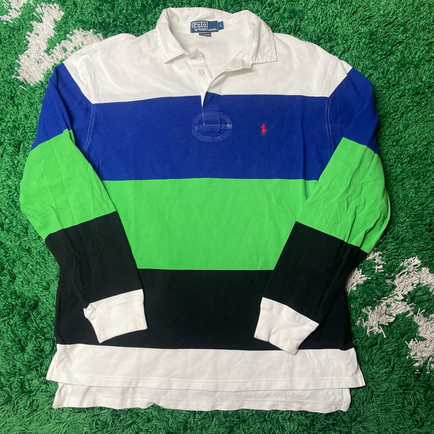 Polo Ralph Lauren Blue Green Striped Rugby Shirt Size Large