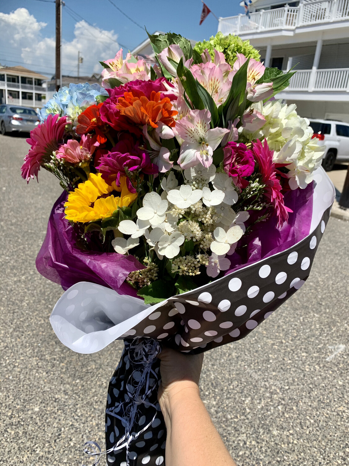 $75 Seasonal Wrapped Fresh Flower Bouquet (no vase)