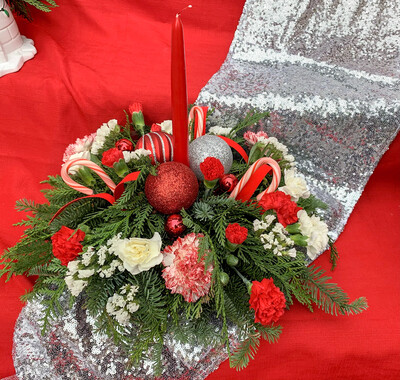 $100 Christmas Fresh Flower Centerpiece Arrangement with Single Candle 