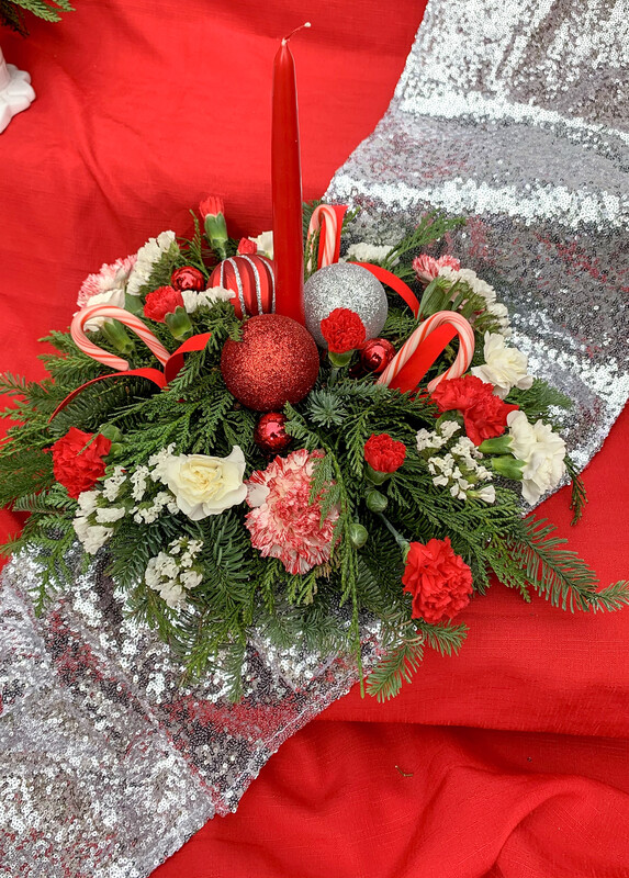 $150 Christmas Fresh Flower Centerpiece Arrangement with Single Candle