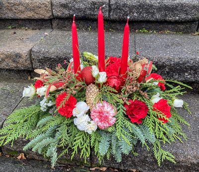 $150 Three Candle Christmas Fresh Flower Centerpiece Arrangement