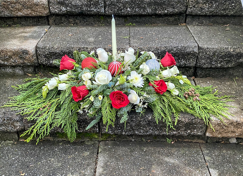 $200 Long and Low Fresh Flower Christmas Centerpiece Arrangement