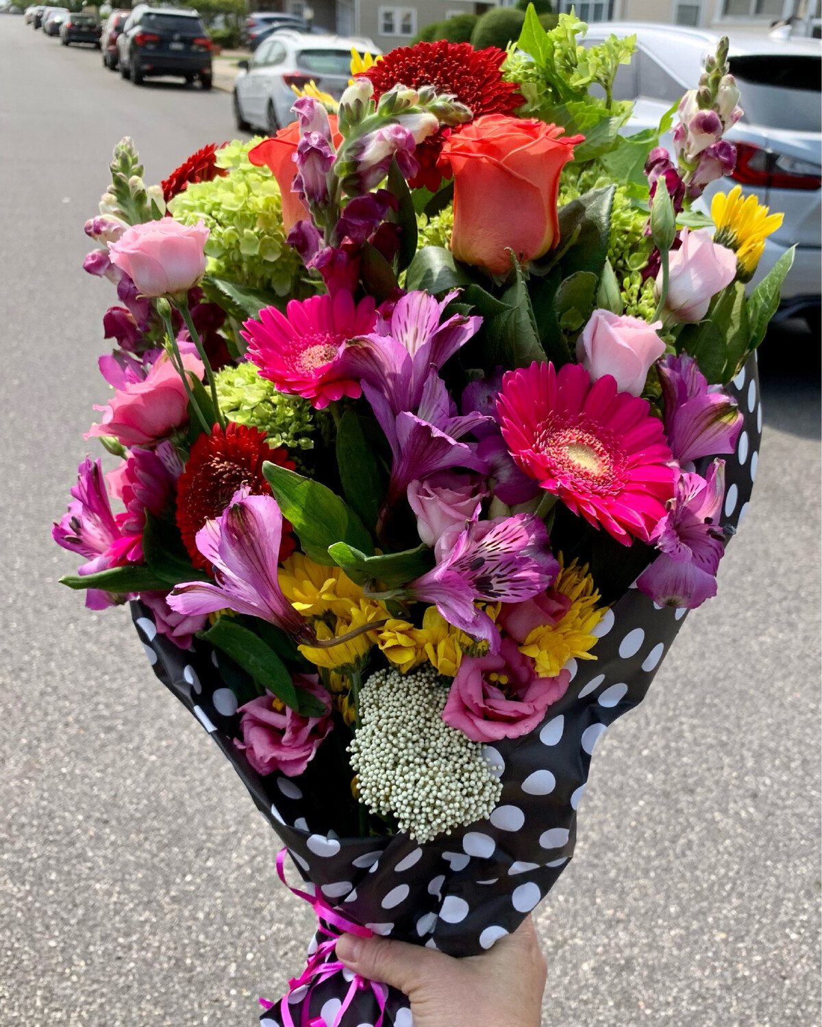 $95 Seasonal Wrapped Fresh Flower Bouquet (no vase)