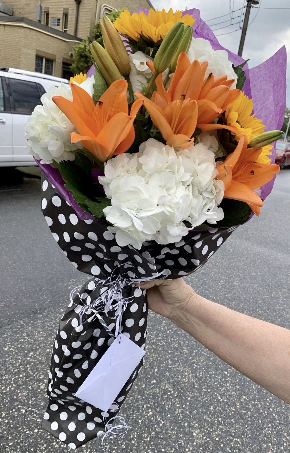 $55 Seasonal Wrapped Fresh Flower Bouquet (no vase)