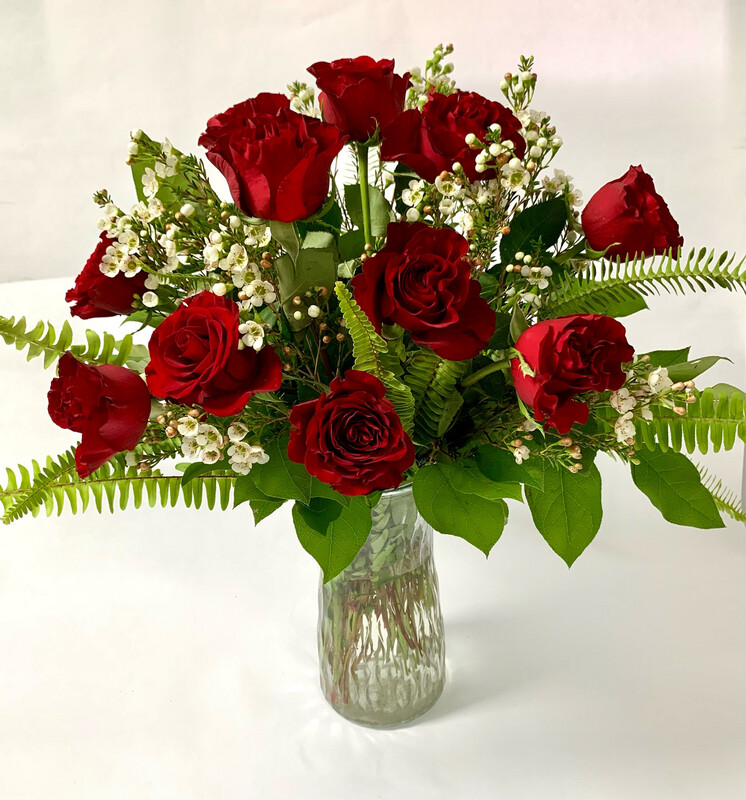 $90 1 Dozen Fresh Roses Arranged in a Vase with Filler - Choose Color