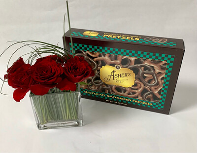 $75 Half Dozen Rose Fresh Flower Arrangement - Small Cube Vase with 6 Roses (includes Chocolate Covered Pretzels)