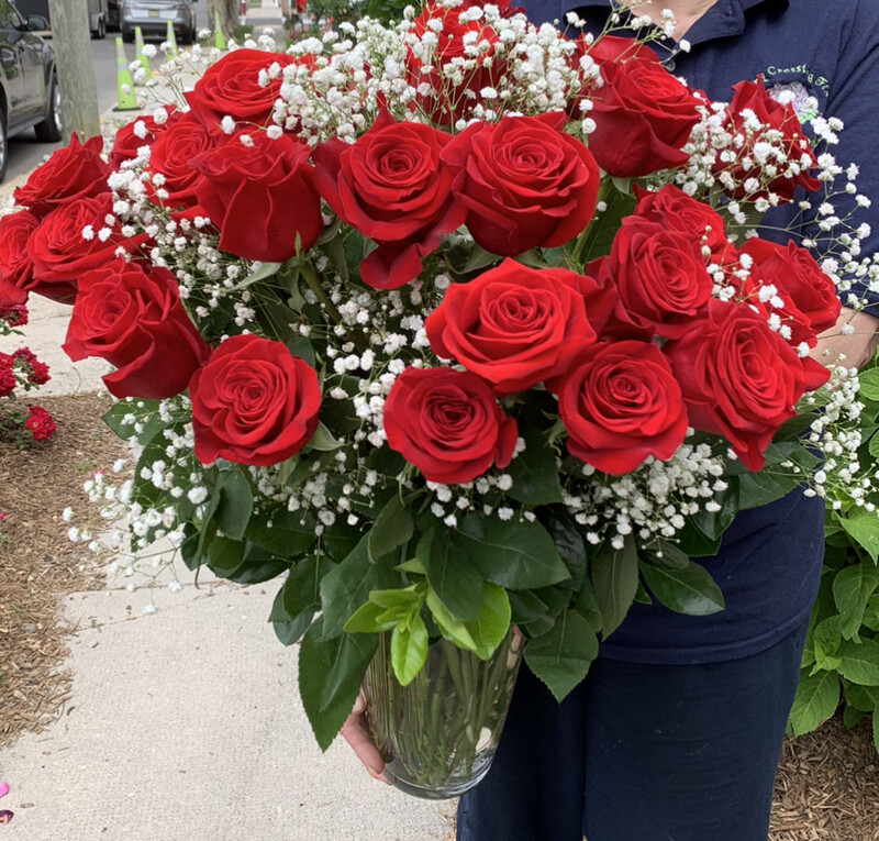 $325 4 Dozen Fresh Roses Arranged in a Vase with Filler - Choose Color