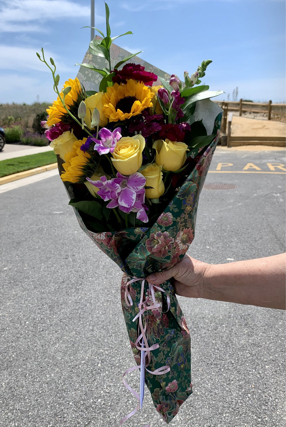 $75 Seasonal Wrapped Fresh Flower Bouquet (no vase)