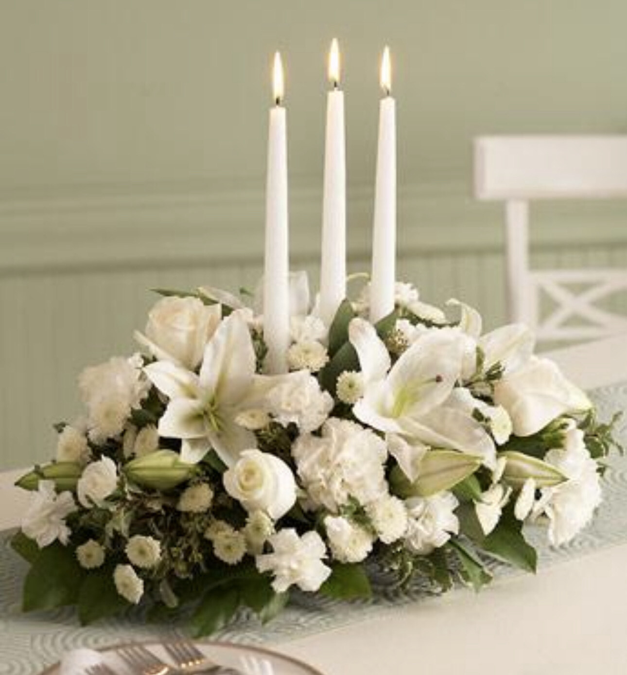 $175 Three Candle White Fresh Flower Christmas Holiday Centerpiece Arrangement