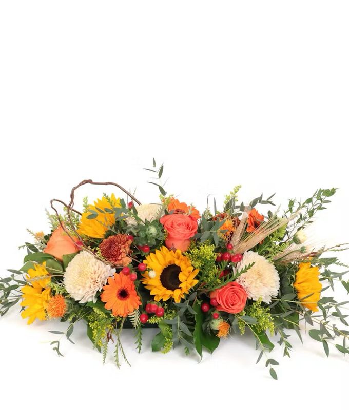 $225 Long and Low Fresh Flower Fall Centerpiece Arrangement