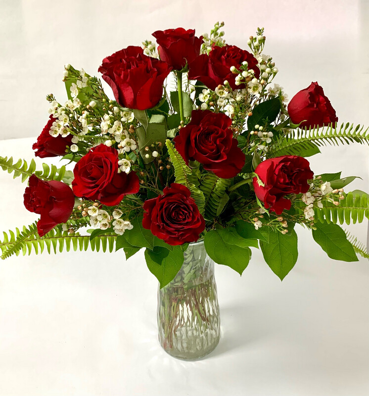 $110 1 Dozen Fresh Roses Arranged in a Vase with Filler - Choose Color