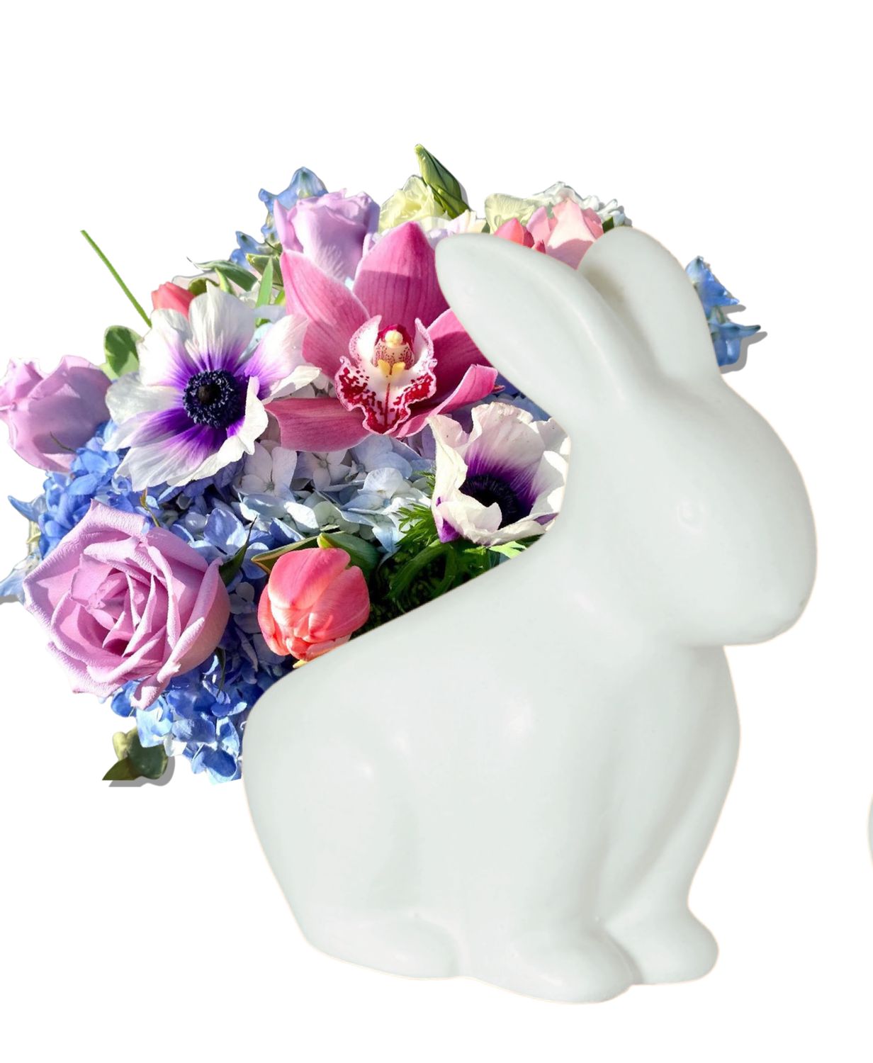 $95 Easter Fresh Flower Ceramic Bunny Arrangement
