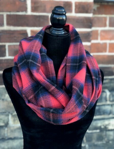 Americana Blue & Red Plaid Infinity Scarf with Hidden Pocket! (Flannel)
