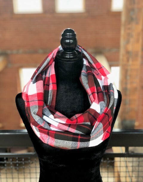 Green, Red, Black & White Plaid Infinity Scarf with Hidden Pocket! (Flannel)