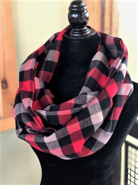 Red, Black & Grey Plaid Infinity Scarf with Hidden Pocket (Flannel)