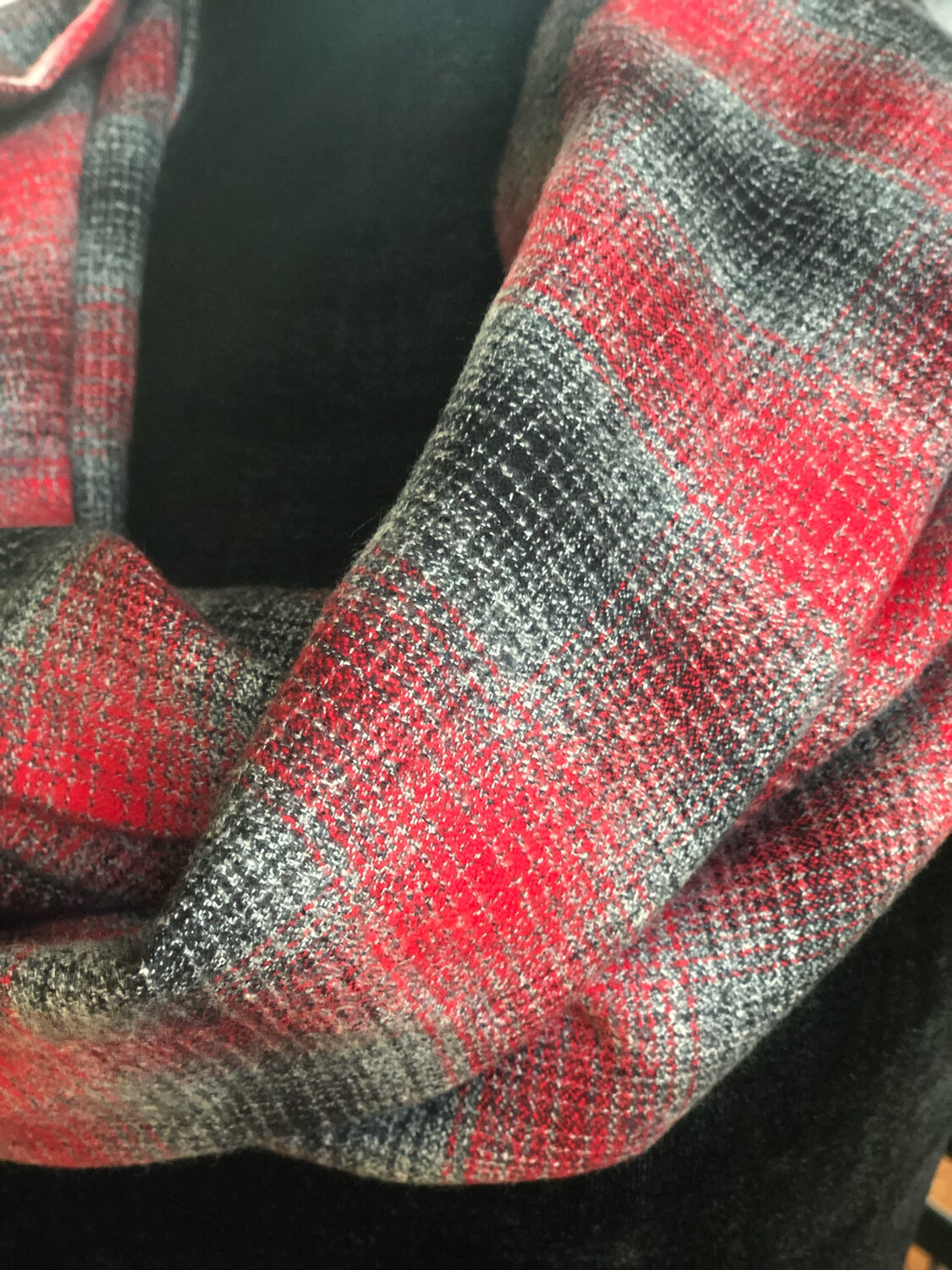 Grey & Red Plaid Infinity Scarf with Hidden Pocket! (Flannel)