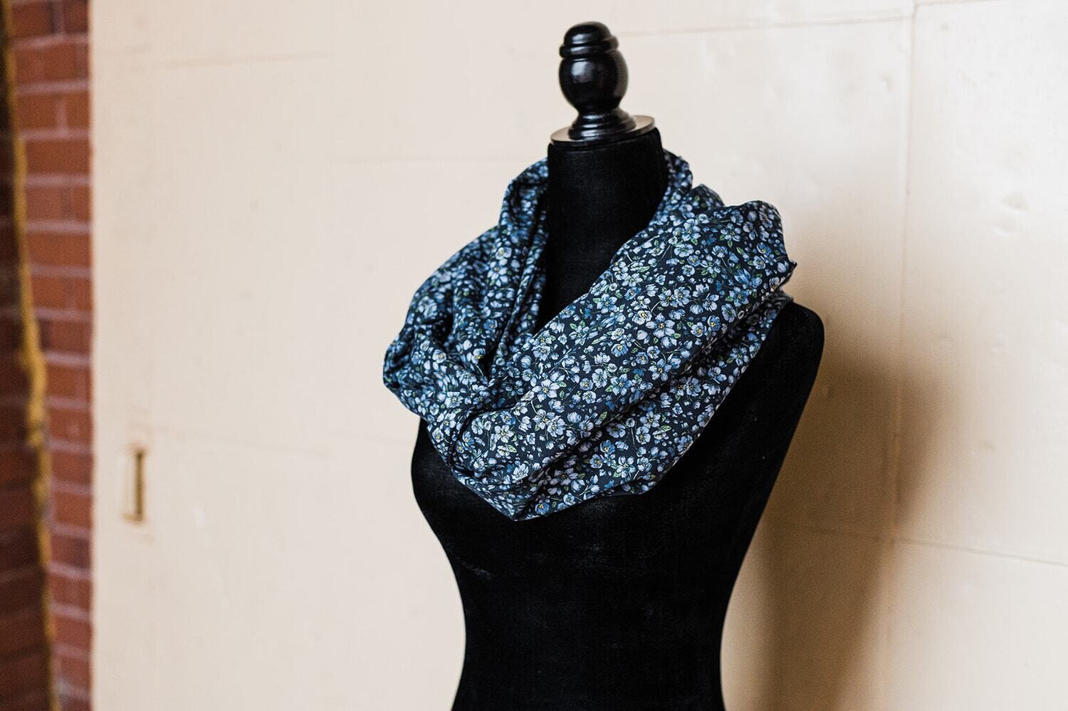 Blue Floral Infinity Scarf with Hidden Pocket (Knit)