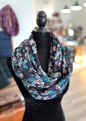 Black Floral Infinity Scarf with Hidden Pocket (Knit)