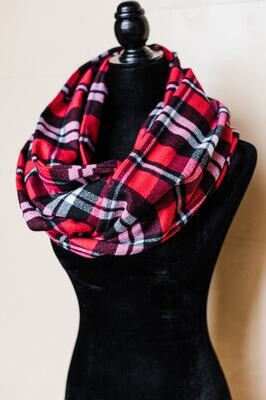 Red, Black & White Plaid Infinity Scarf with Hidden Pocket (Flannel)
