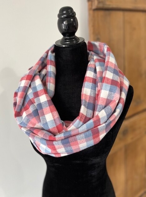 Red White & Periwinkle Blue Flannel Infinity Scarf with Hidden Pocket