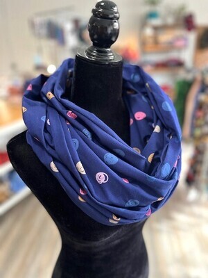 Navy Blue Knit Infinity Scarf with Coloured Dots