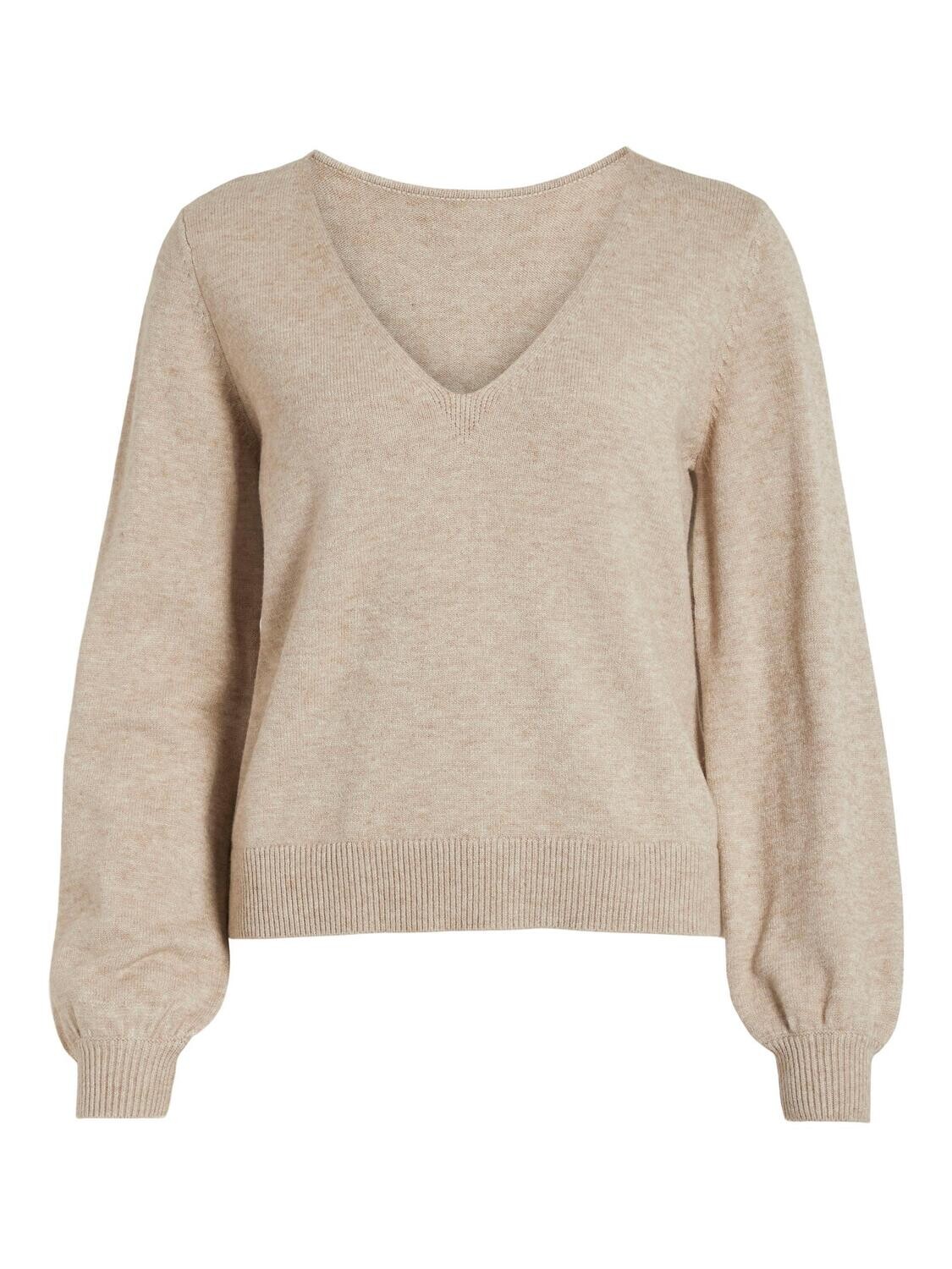 VILA VIRIL REV V-NECK L/S KNIT TOP - NOO: Natural Melange 14084174