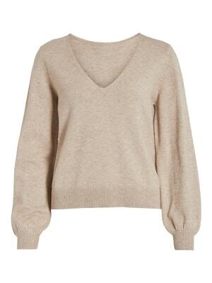VILA VIRIL REV V-NECK L/S KNIT TOP - NOO: Natural Melange 14084174