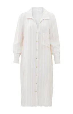 Yaya Striped linen dress w. slits GRAY MORN BEIGE DESS 01-601134-405