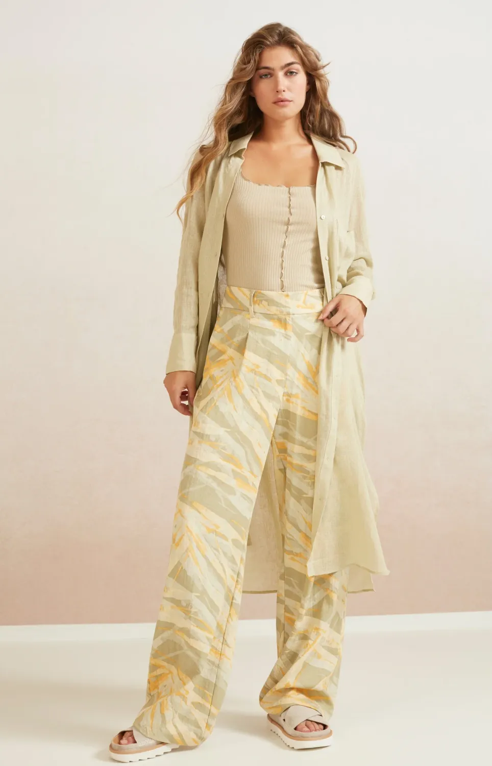 Yaya Woven high waist wide leg trou LIGHT GREEN DESSIN 01-301130-405