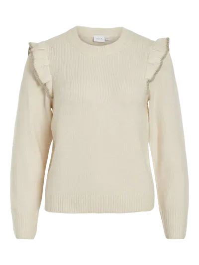 Vila VINANZY L/S O-NECK FLOUNCE KNIT TOP: Birch/Gold glitter 14100771
