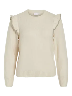 Vila VINANZY L/S O-NECK FLOUNCE KNIT TOP: Birch/Gold glitter 14100771