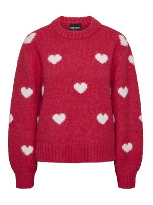 Pieces PCRINA LS O-NECK HEART KNIT BC Rose Red/Ballerina h 17153231